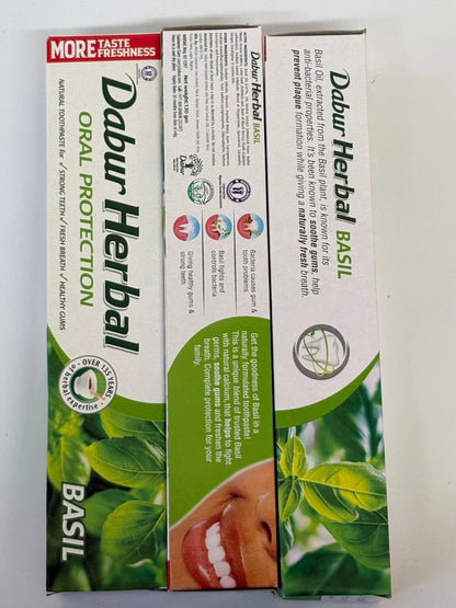 3x Dabur Herbal Toothpaste with Basil – 100% Natural Herbal Oral Care - 3 pieces