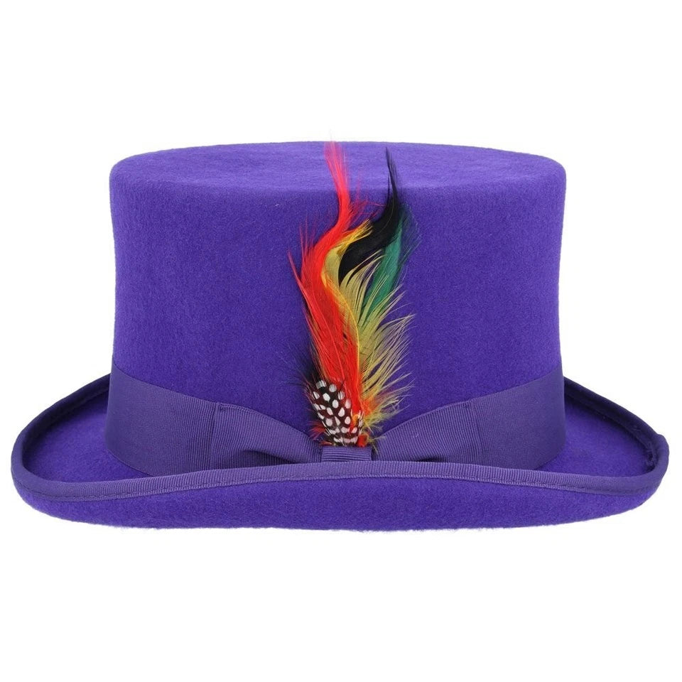 Wool Felt Top Hat – Purple with Feather - Large 59cm (7 1/2)