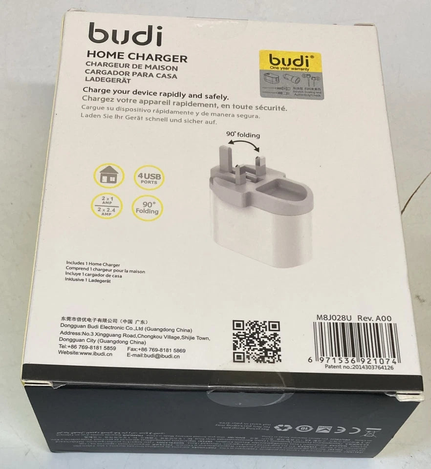Budi 4 Port USB Home Charger UK Plug 2x 2.4A 2x 1A Folding Mains Adapter