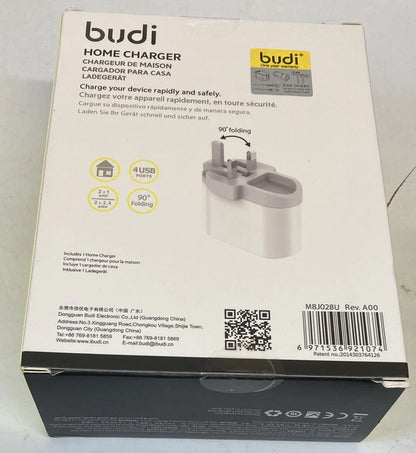 Budi 4 Port USB Home Charger UK Plug 2x 2.4A 2x 1A Folding Mains Adapter
