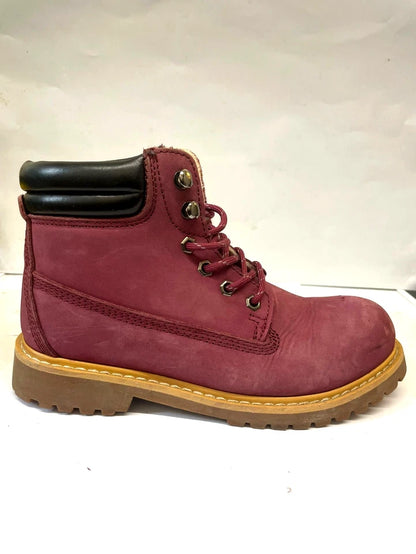 Women’s Maroon Lace-Up Ankle Boots UK 5 Leather Hiking Style Chunky Sole