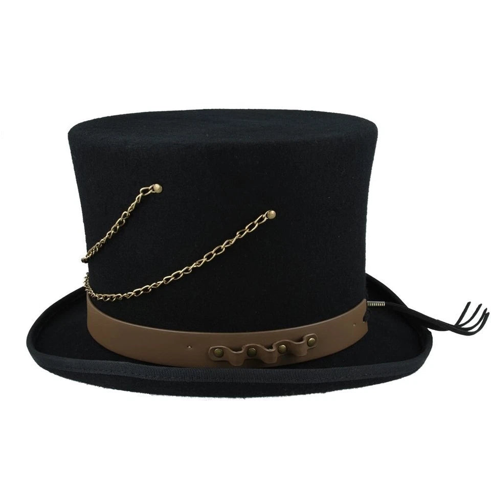 Steampunk Top Hat, Black with Brown Leather-Look Bands & Chains –59cm (7 1/2)