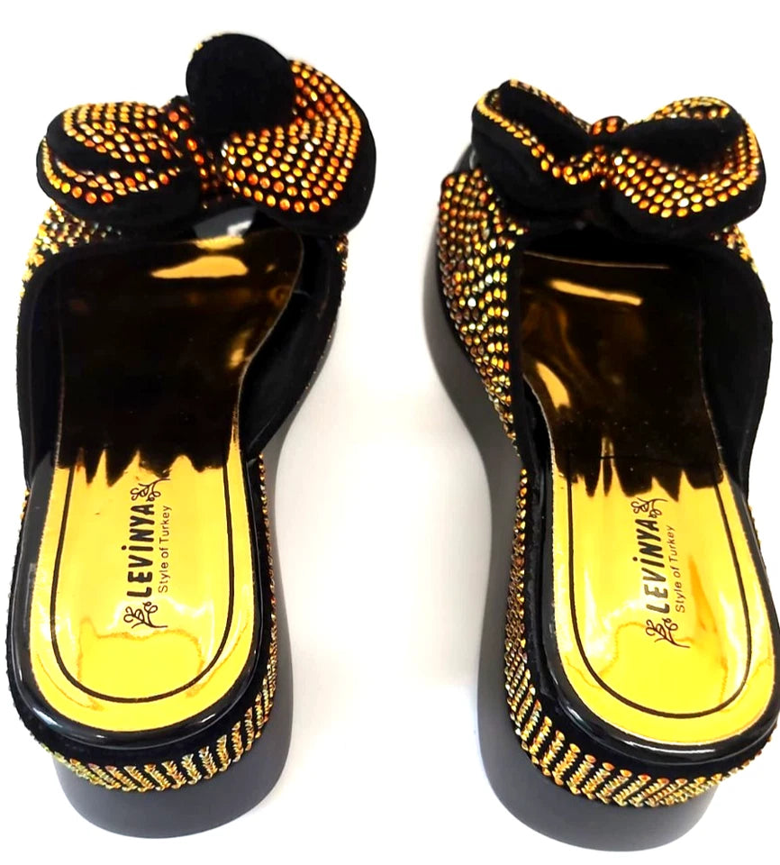 Levinya Women's Slide Sandals – Black with Gold Rhinestone Bow UK 8 (EU 42)