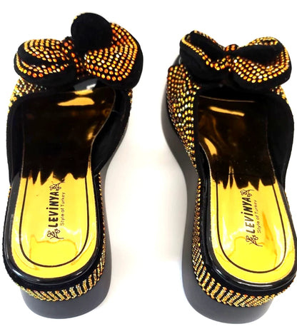 Levinya Women's Slide Sandals – Black with Gold Rhinestone Bow UK 8 (EU 42)