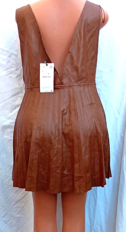 Brown Faux Leather Pleated Mini Dress with Buckle Straps Size L