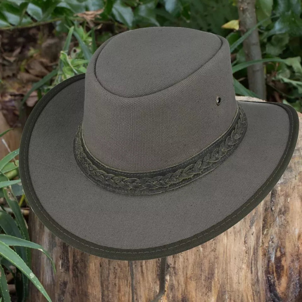 Waxed Canvas Australian Western Outback Cowboy Hat - Medium (58cm) -OLIVE COLOUR