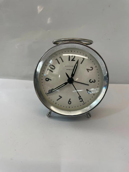 Vintage Greenwich England Mechanical Alarm Clock Black Silver Wind-Up Table Clock