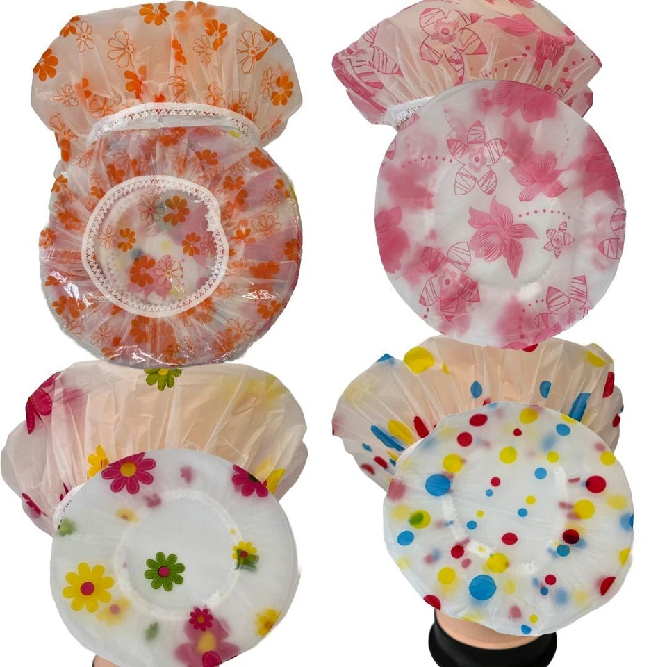 4pcs Waterproof Reusable Shower Caps –Cute Floral Print– Elastic Bath Hair Cover