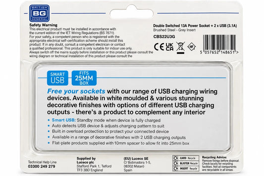 BG 13A Double Switched Socket 2 USB 3.1A Brushed Steel CBS22U3G