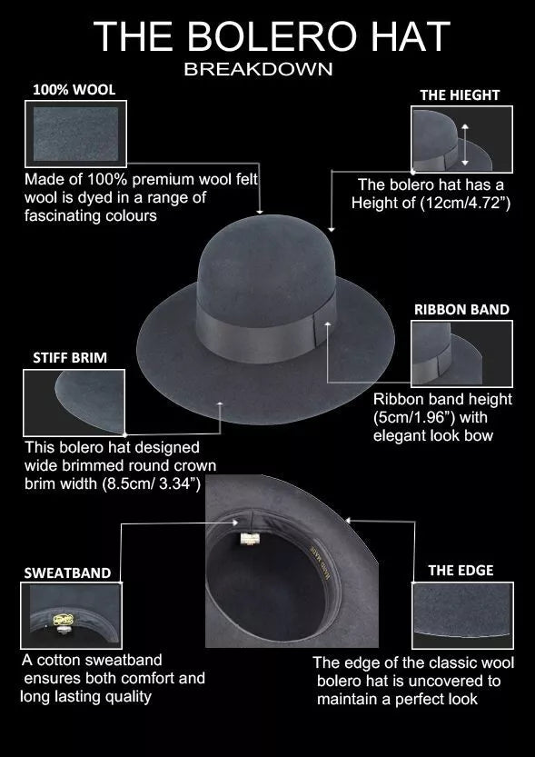 Bolero Wide Brim Round Crown Wool Hat (Medium 57cm)